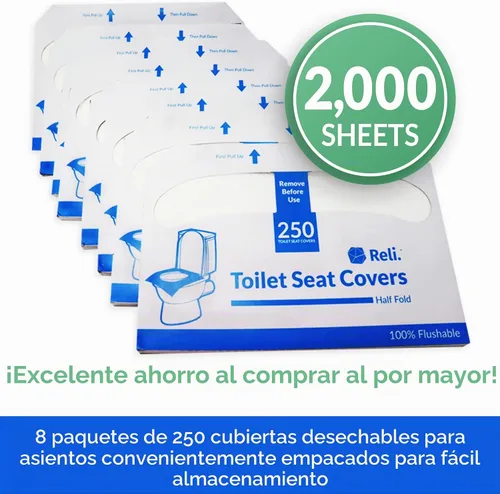 Vista 2 de Reli. Fundas de asiento de inodoro (2000 piezas, 8 paquetes de 250) desechables Disposable Toilet Seat Cover 14x16" (Half-Fold) Paper Liners for