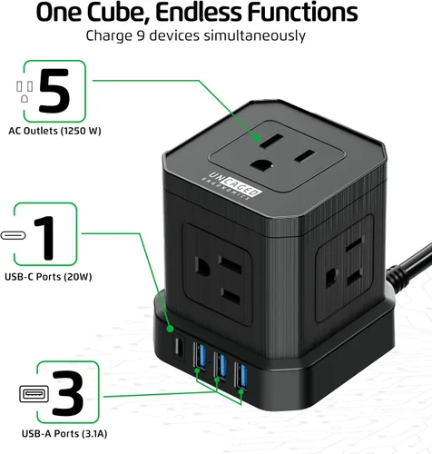 Vista 5 de Tiras de alimentación Cube con protección contra sobretensiones, cable de extensión de 10 pies con múltiples tomas, 5 enchufes de CA, 3 USB, 1
