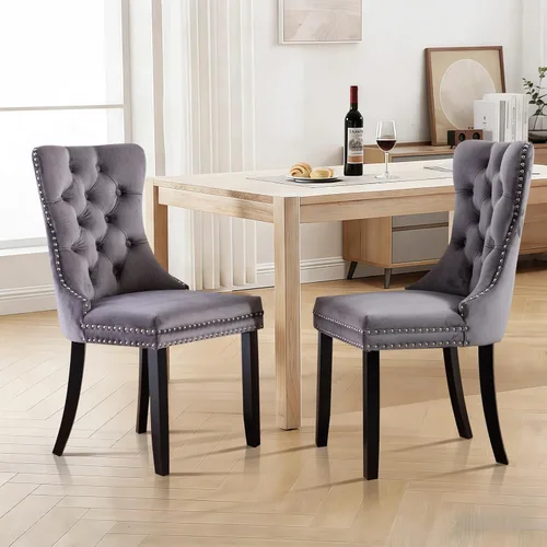 Vista 72 de Juego de 2 sillas de comedor de terciopelo con patas de madera, color beige Mid Century Modern Dining Chairs,Upholstered Chairs with Nailhead
