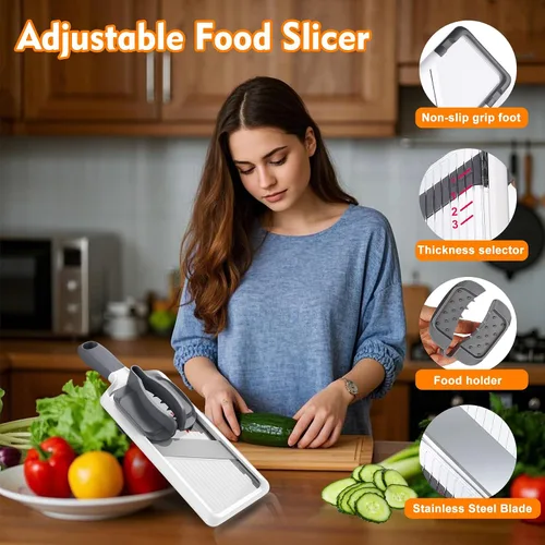 Vista 2 de Cortador de mandolina para cocina, hoja de acero inoxidable ajustable, cortador de verduras, cortador de verduras con agarre antideslizante, gris