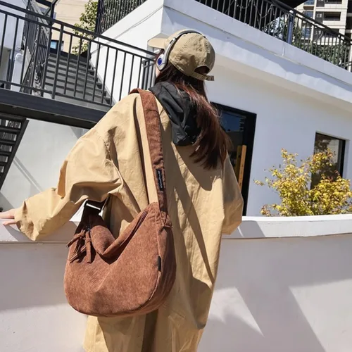 Vista 4 de Bolso bandolera unisex de pana para dumpling, bolso de mensajero, casual, bolso de hombro grande para uso diario, compras, escuela, viajes