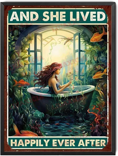Vista 14 de LIUAXICIA Letrero de lata retro con diseño de sirena y ella vivió feliz para siempre, para decoración del hogar, 8 x 12 pulgadas, pintura de lata