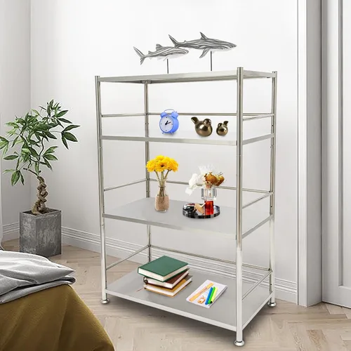 Vista 4 de Estantes de almacenamiento ajustables de 4 niveles con ruedas, 31.5 x 15.7 x 47.2 pulgadas, estante organizador plegable de metal de acero