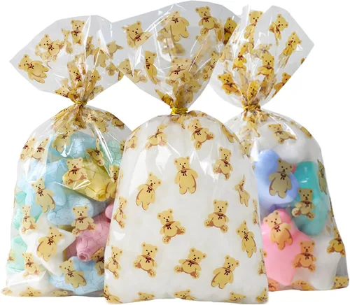 Vista 23 de 100 bolsas de celofán, bolsas de celofán transparente impresas con estrellas doradas de 3 x 5 pulgadas, 100 lazos giratorios, para envolver regalos