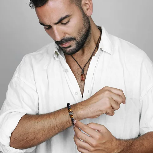 Vista 2 de VNOX Pulsera de regalo para hombres Pulseras de cuentas de ojo de tigre hechas a mano para hombres, cuentas de yoga, regalo para aliviar el estrés