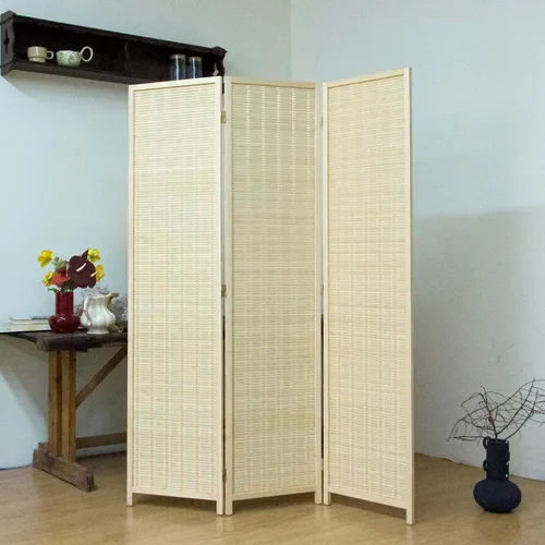 Vista 3 de Divisor de habitación de bambú de 3 paneles, pantalla de privacidad plegable beige de 5.6 pies de alto, pared de división independiente de doble