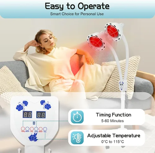Vista 5 de Lámpara infrarroja de doble cabeza, luz de calor roja de 275 W 110 V, soporte de suelo, tubo telescópico, temperatura ajustable, 1 unidad