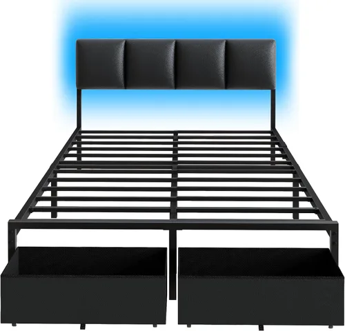 Vista 9 de Furnulem Base de cama de tamaño matrimonial con estación de carga y luces LED, cabecera tapizada de piel sintética, cama de plataforma de metal