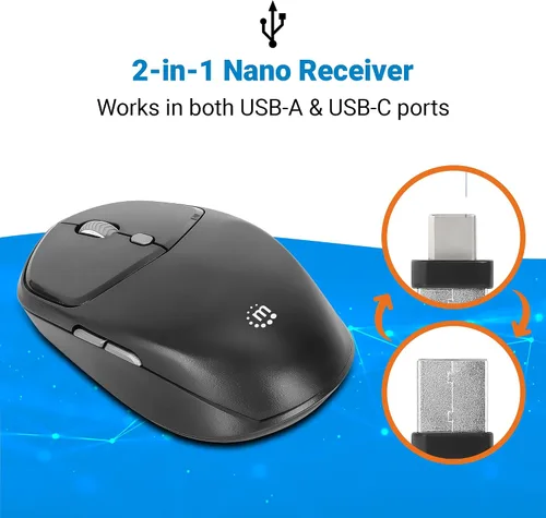 Vista 2 de MANHATTAN Ratón de viaje compacto inalámbrico – RF de 2.4 GHz, 800/1200/1600 dpi, seis botones con rueda de desplazamiento, adaptador receptor USB-A