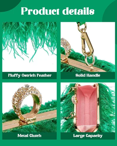 Vista 4 de Bolso de mano de plumas de avestruz para mujer, bolso de mano esponjoso, bolso de noche de plumas para boda, aniversario, fiesta