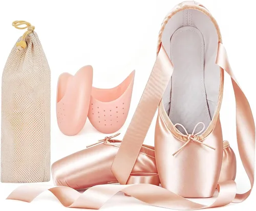 Vista 8 de IJONDA Zapatos de ballet para adultos, con almohadillas para los dedos y bolsa de malla Negro