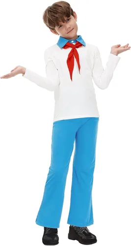 Vista 4 de Remimi Disfraz de Halloween para niños, conjunto de camisa y pantalones con bufanda roja, de 3 a 14 años