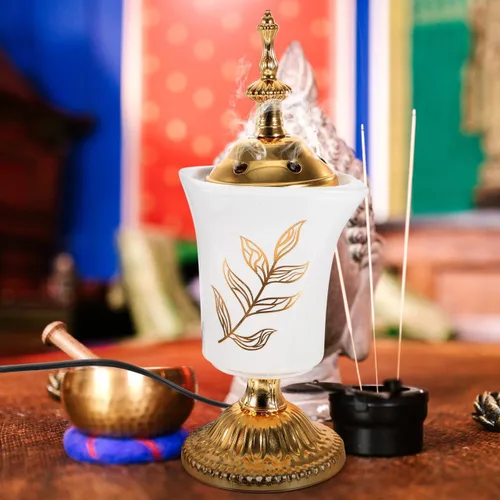 Vista 5 de Holibanna Quemador de incienso eléctrico, estilo de Oriente Medio, incensario de escritorio para yoga, spa, aromaterapia, decoración del hogar