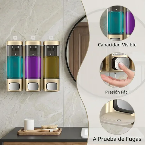 Vista 6 de Dispensador de champú y acondicionador, dispensador de jabón de ducha de 3 Cámara de oro 3