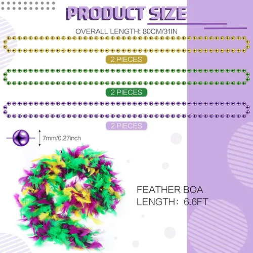 Vista 3 de Juego de 9 accesorios para disfraz de Mardi Gras, incluye collares de cuentas de Mardi Gras, plumas a granel, tocados de boas, diadema con plumas