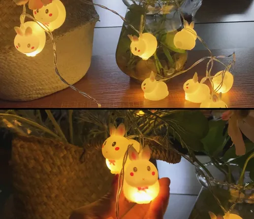 Vista 4 de Luz decorativa de conejo de Pascua, bonita tira de luces flexibles de conejo, funciona con pilas, 5.4 ft, 10 luces LED para decoración del hogar