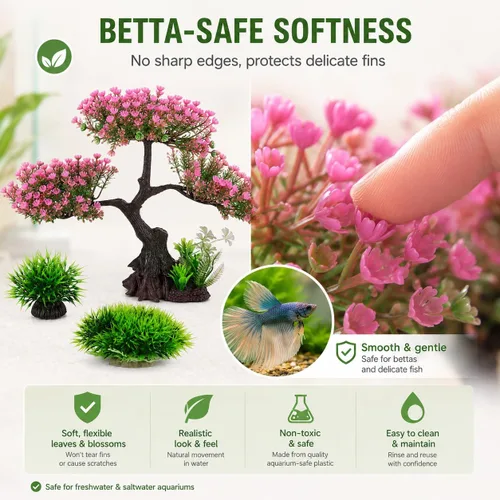 Vista 5 de Cabilock Decoración de acuario de flor de cerezo rosa, planta artificial de tanque de peces de árbol Sakura de 12.2 pulgadas con base estable