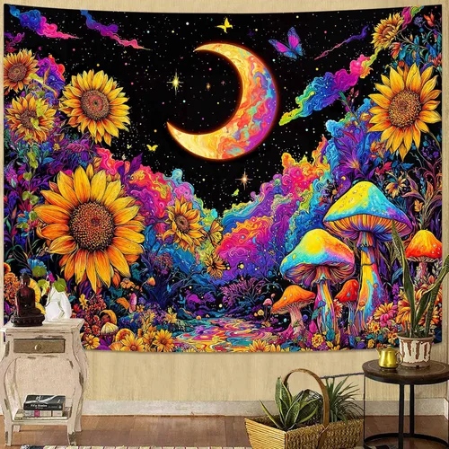 Vista 14 de Kanuyee Tapiz de luz negra de neón para colgar en la pared, bosque encantado, cascada, tapices para dormitorio, tapices UV, para colgar en la pared