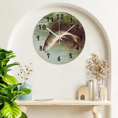 Vista 3 de Reloj de pared de peces de trucha arco iris, relojes de PVC para decoración de dormitorio, relojes de pared a pilas de 10 x 10 pulgadas, reloj