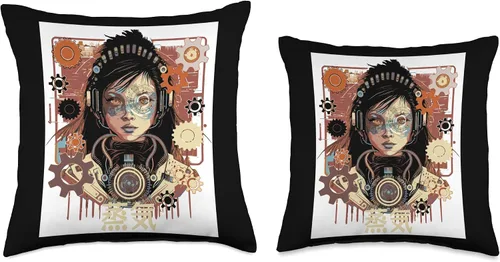Vista 3 de Steampunk Mechanical Clockwork Japanese Aesthetic Cyber Steampunk - Almohada robot japonesa para niña, 16 x 16 pulgadas, multicolor