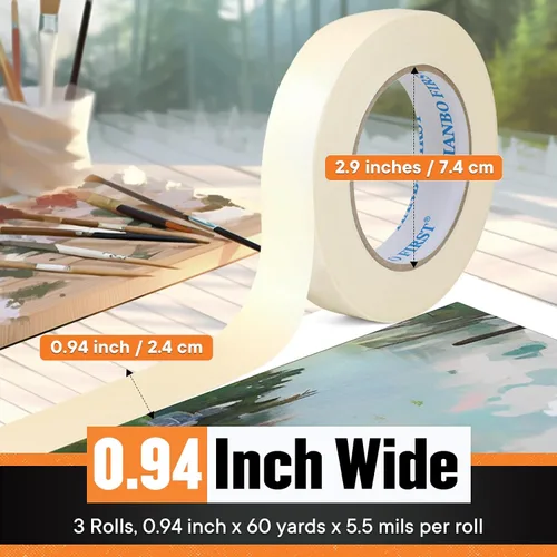 Vista 2 de Cinta adhesiva de 0.94 pulgadas de ancho, fina cinta blanca para pintores, cinta adhesiva beige a granel para pintar el hogar, oficina, escuela