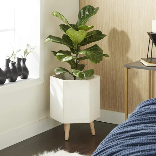 Vista 2 de CosmoLiving by Cosmopolitan - Maceta geométrica de óxido de magnesio para interiores y exteriores, maceta hexagonal grande con patas de madera