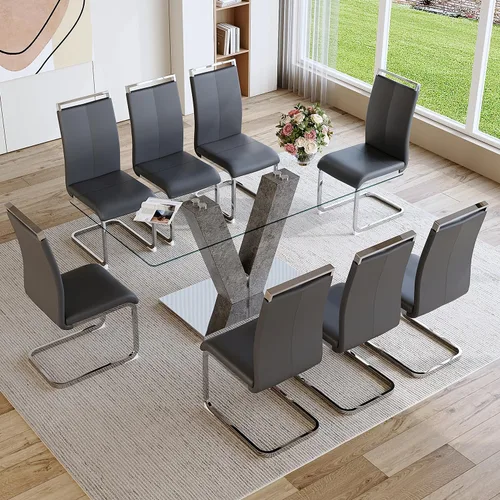 Vista 9 de gopop Juego de mesa de comedor moderna para 6, 7 piezas, mesa de comedor de mármol, mesa de cocina rectangular de 71 pulgadas con 6 sillas tapizadas