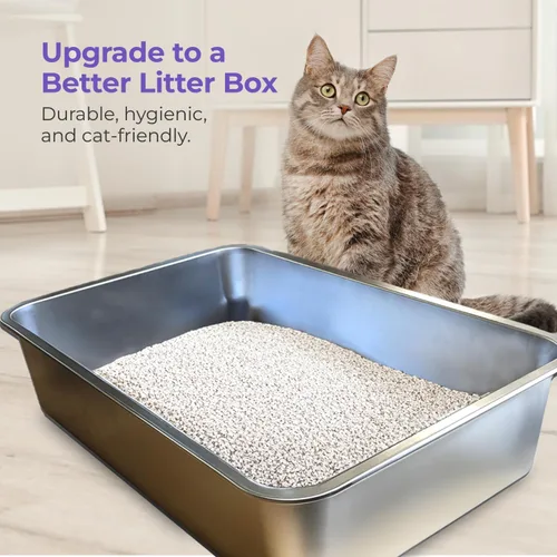 Vista 2 de iPrimio Ultimate - Caja de arena XL de acero inoxidable para gatos, caja de arena XL para gatos grandes, grande, nunca absorbe olores, manchas u