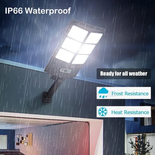 Vista 9 de Luces solares de 150 W impermeables para exteriores, 8000 lúmenes, luces solares LED de inundación, sensor de movimiento al aire libre con control
