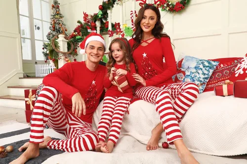Vista 4 de iClosam Juego de pijamas familiares a juego, pijamas a rayas navideño, pijamas para papá, mamá, pijamas