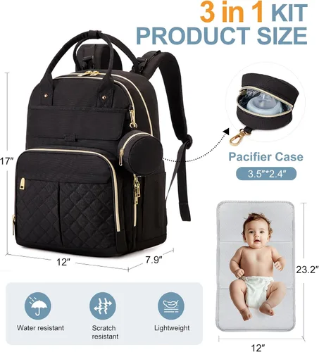 Vista 2 de MOONBABY Mochila para pañales, bolsas de pañales para bebés con cambiador portátil y estuche para chupete, mochilas multifuncionales para pañales