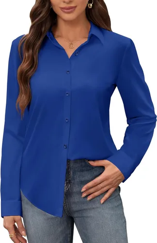 Vista 25 de Siliteelon - Camisas de vestir para mujer, a prueba de manchas, sin arrugas, de manga larga, sólidas, para trabajo y negocios, con botones