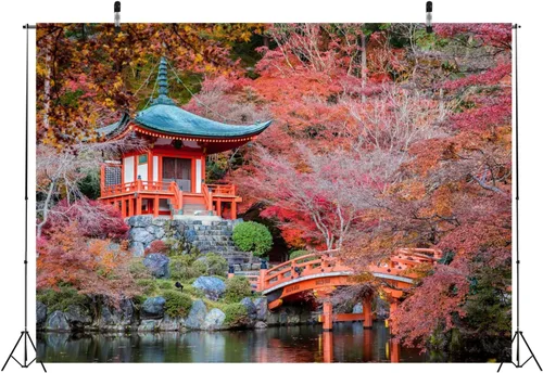 Vista 4 de BELECO Telón de fondo japonés, 5 x 3 pies, templo japonés Daigo-ji, ciudad de Kioto, otoño, arces rojos, paisaje, río, puente de jardín, telón