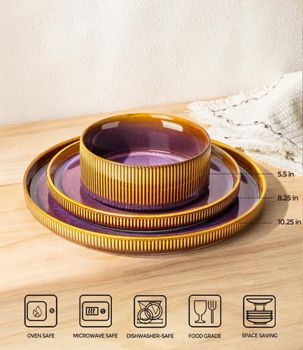 Vista 2 de TheTerra Juego de vajilla de cerámica para 4, juego de 12 platos y cuencos ligeros de porcelana, resistente a los arañazos, apto para horno