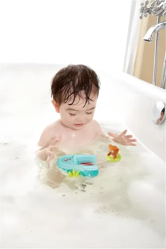 Vista 5 de Hape Juguete de baño de barco con retroceso de tubo, oso de peluche, juguete de baño flotante para remo de barco, juguete para bañera y ducha