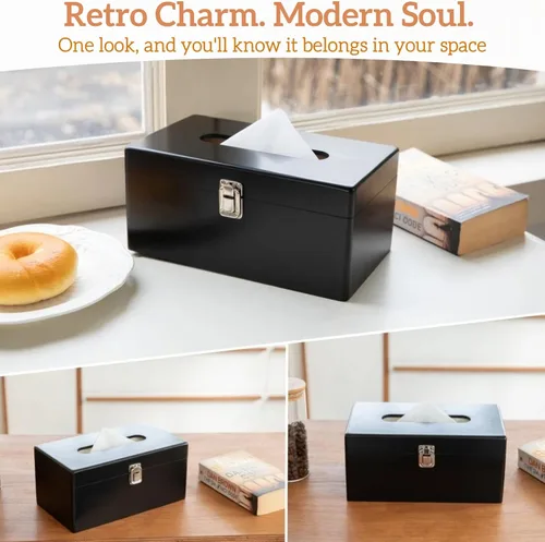 Vista 2 de Funda rectangular negra para caja de pañuelos con interruptor de metal, soporte rectangular para caja de pañuelos con tapa, accesorios de baño