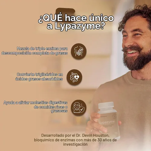 Vista 3 de Houston Enzymes Lypazyme - 120 cápsulas - Formulado profesionalmente con 3 enzimas lipasa diferentes - Apoya la descomposición completa