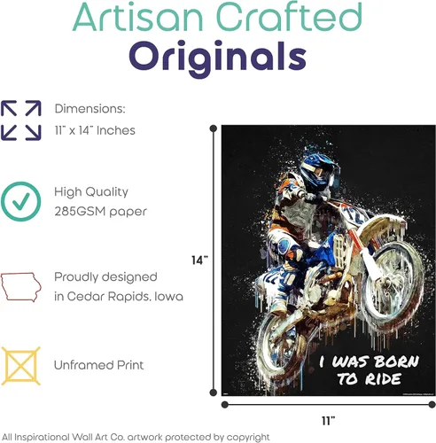 Vista 2 de Inspirational Wall Art Co. - I Was Born To Ride - Regalo de carreras de motocross ATV Freestyle para niños, citas de motivación, carteles impresos
