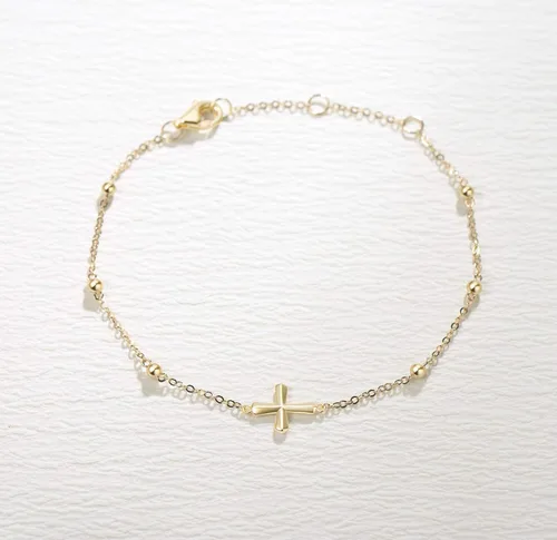 Vista 2 de FANCIME Pulsera de crucifijo de oro amarillo macizo de 14 quilates, delicada, joyería minimalista fina, bonita para aniversario, día de San