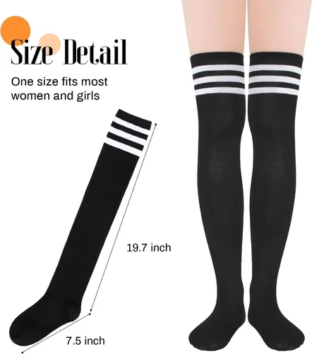 Vista 4 de Durio Calcetines altos hasta el muslo para mujer, calcetines a rayas por encima de la rodilla, calcetines largos para mujer, calcetines hasta