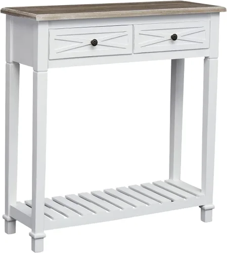 Vista 9 de Mesa consola con 2 cajones y estante de almacenamiento, mesa estrecha para sofá, mesa de entrada para entrada, pasillo delantero, color blanco