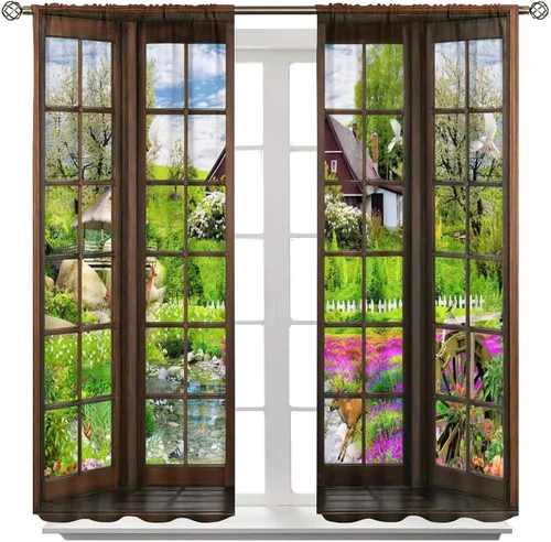 Vista 69 de Cortinas de paisaje, ventana 3D, primavera, bosque, vida silvestre, paisajes de naturaleza, dormitorio, sala de estar, cortinas térmicas opacas de 2