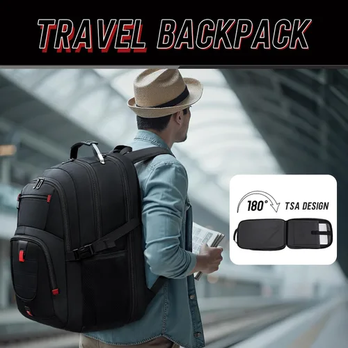 Vista 5 de Z-MGKISS Mochila de viaje, mochila grande de viaje para laptop para hombres y mujeres con mochila comercial aprobada por la aerolínea TSA, Negro
