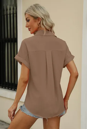 Vista 4 de Beautife - Camisas de manga corta para mujer, con cuello en V, botones y bolsillos