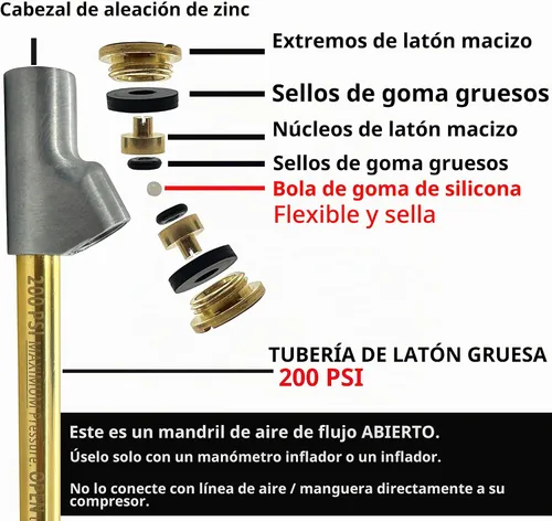 Vista 4 de Mandril de aire de doble cabezal de alcance extendido de flujo abierto. FNPT de 1/4 de pulgada. Úselo solo con medidor de inflado. Si se conecta