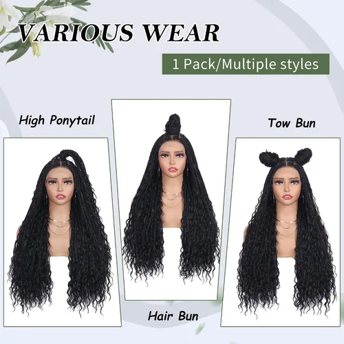 Vista 4 de Alebery Pelucas Trenzadas de Caja Bohemias Sin Nudos de Encaje Frontal HD 13X8 para Mujeres Negras Pelucas de Trenzas de Caja Bohemias con Rizos