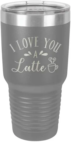 Vista 16 de Taza de viaje de acero con recubrimiento de polvo grabado con láser, con texto en inglés "I Love You A LATTE Engraved Tumbler", sin BPA