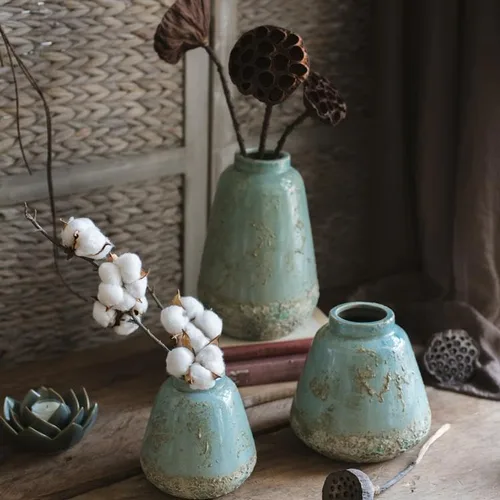 Vista 9 de Jarrones de cerámica turquesa de alcance rústico para oficina, cocina y decoración del hogar Florero bohemio moderno Jarrones decorativos