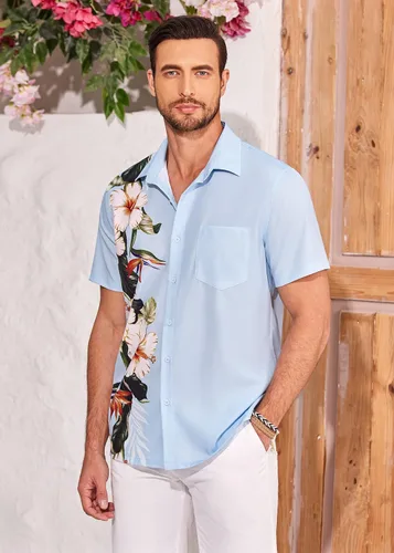 Vista 2 de COOFANDY Camisas de playa para hombre, camisa hawaiana de manga corta con botones y bolsillo