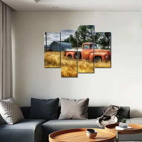 Vista 5 de Arte de pared de camión viejo en rojo y árboles y hierbas secas en campo, decoración de pared, cuadros impresos en lienzo, la imagen para decoración